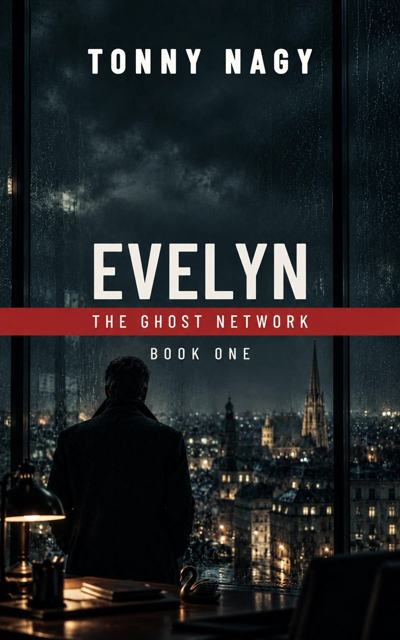 EVELYN: The Ghost Network, Book One by Tonny Nagy — rain-dark window cover with a black swan paperweight
